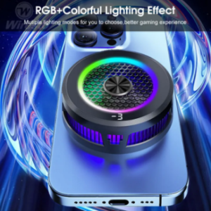 Wiresto 15W 2-in-1 phone cooler with RGB lighting, fast cooling radiator for mobile phones, iPads, and gaming devices, offering low-noise heat dissipation for live streaming.