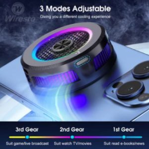 Wiresto 15W 2-in-1 phone cooler with RGB lighting, fast cooling radiator for mobile phones, iPads, and gaming devices, offering low-noise heat dissipation for live streaming.