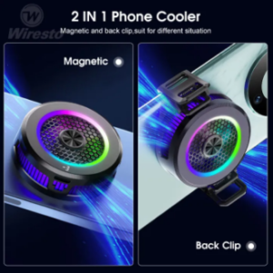 Wiresto 15W 2-in-1 phone cooler with RGB lighting, fast cooling radiator for mobile phones, iPads, and gaming devices, offering low-noise heat dissipation for live streaming.